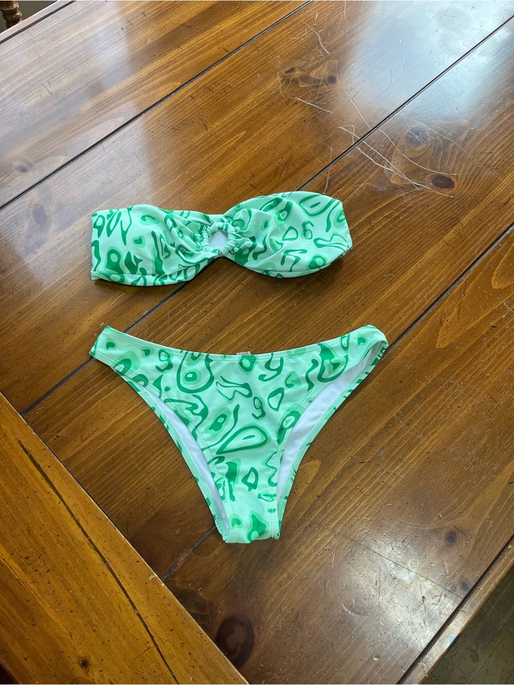 Y2K Green Swirl O-Ring Bandeau Bikini Set Medium EUC